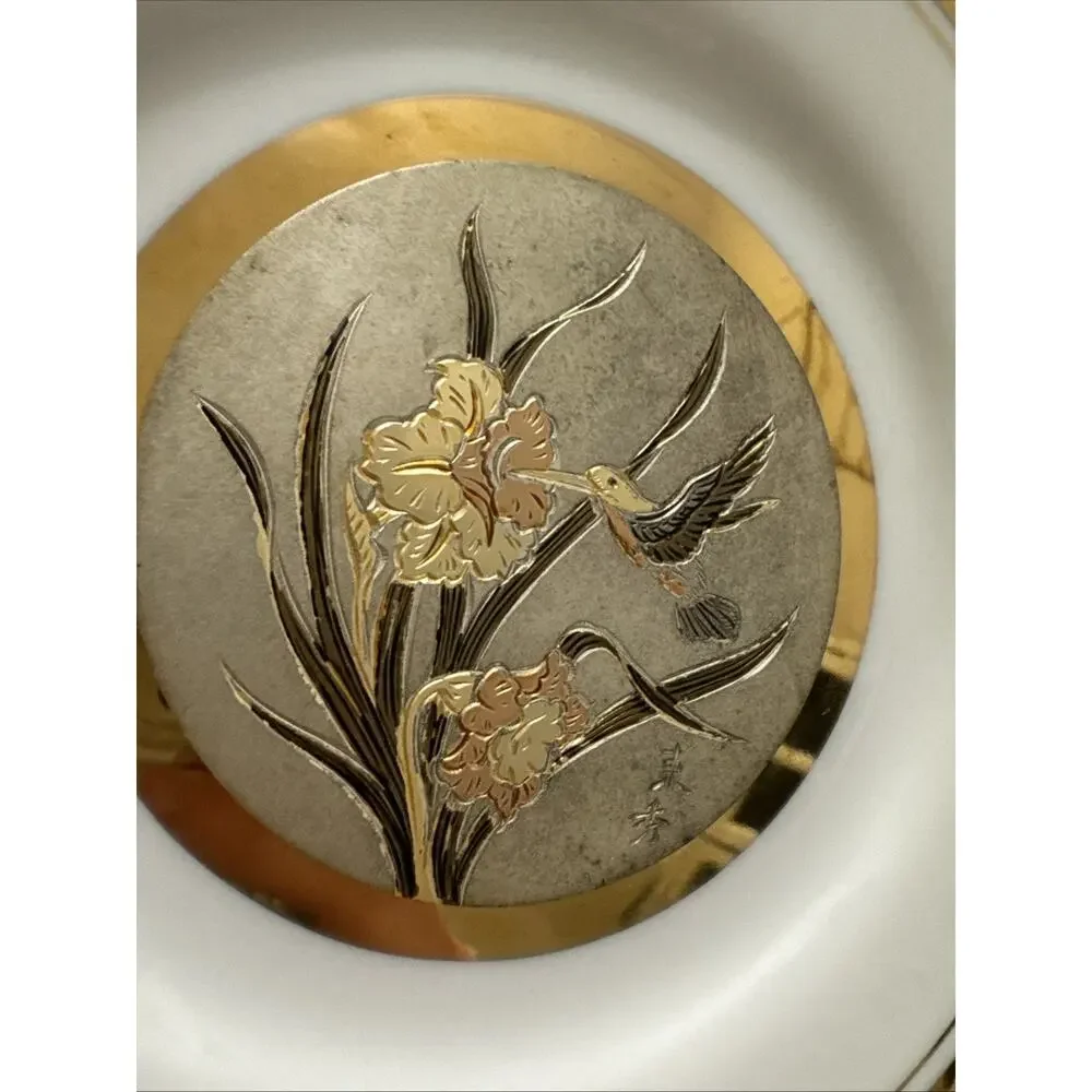 Vintage Japan Art Of Choking Porcelain Hummingbird Plate W24Kt Gold Silver